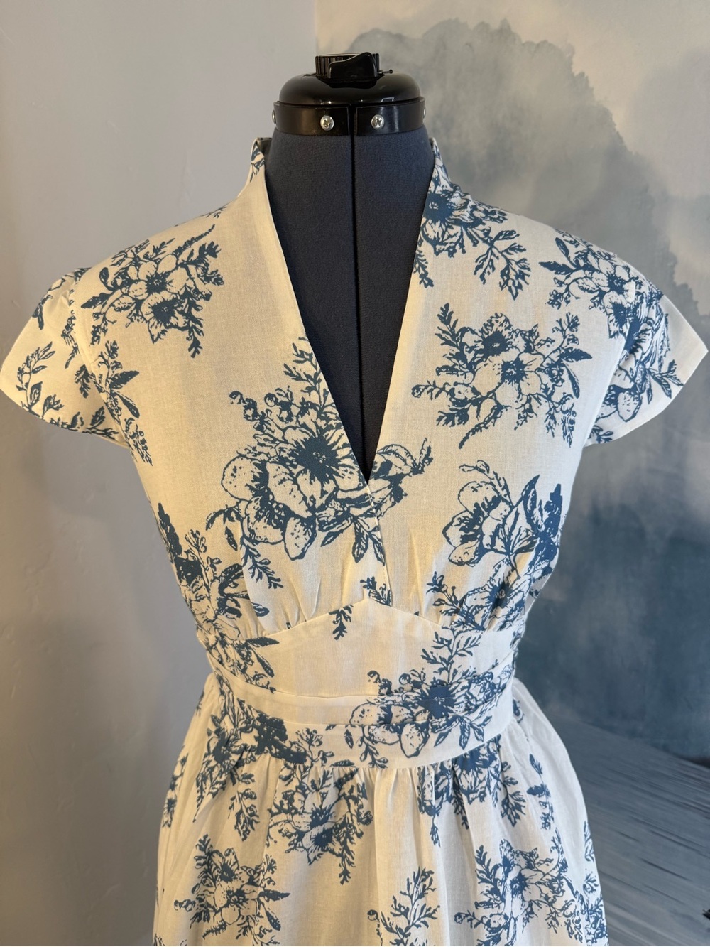 Blue Floral V-Neck Midi Dress - Women# 258 - Picture 3 of 7